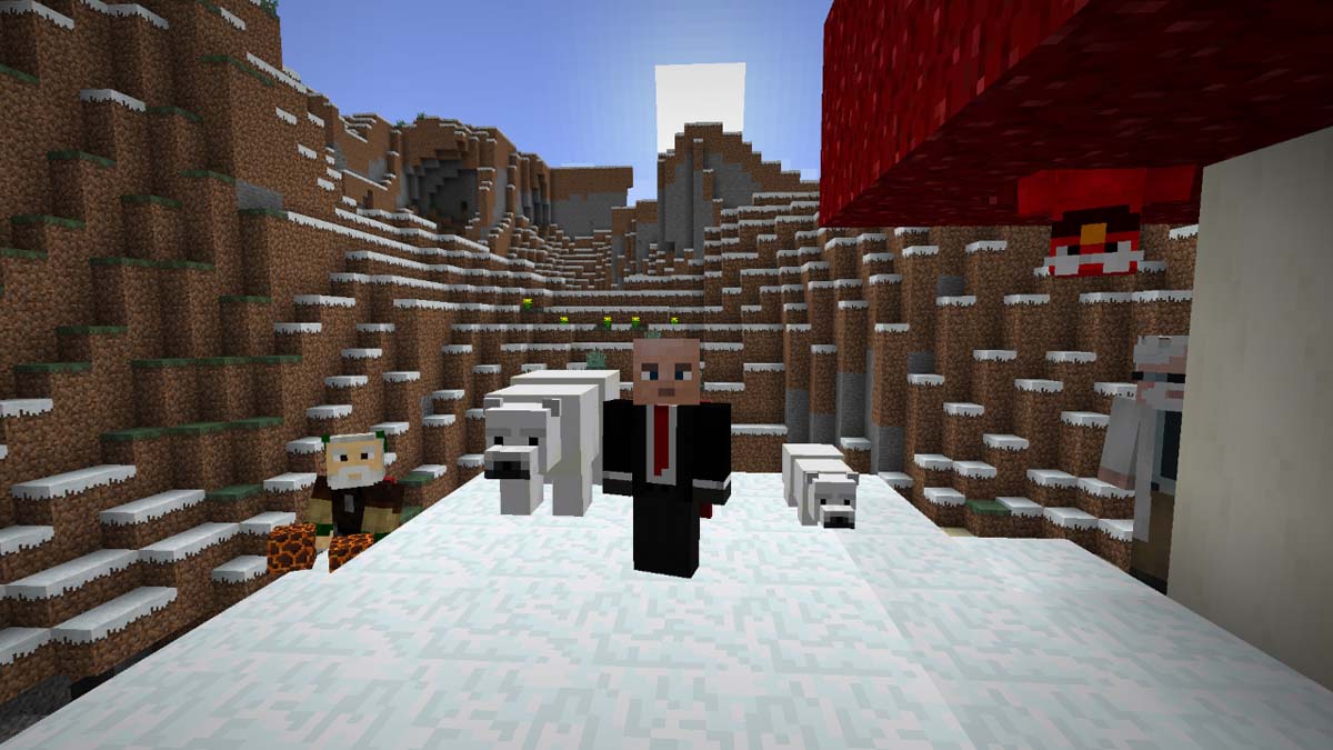 Steve stands with a pair of polar bears in Minecraft