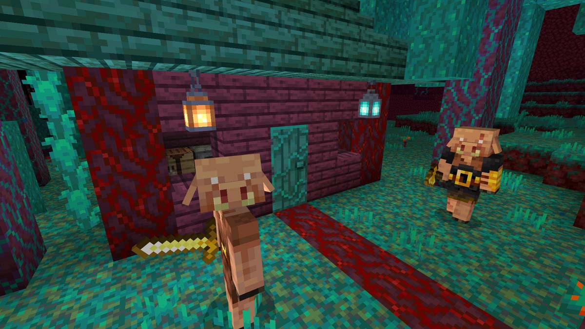 Piglins guarding the house in the nether in Minecraft