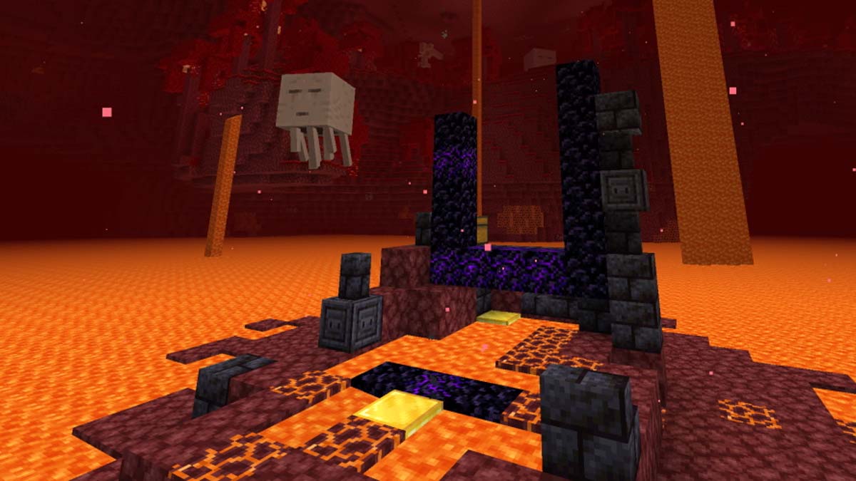 Ghast mob flying over a ruined portal in the nether in Minecraft