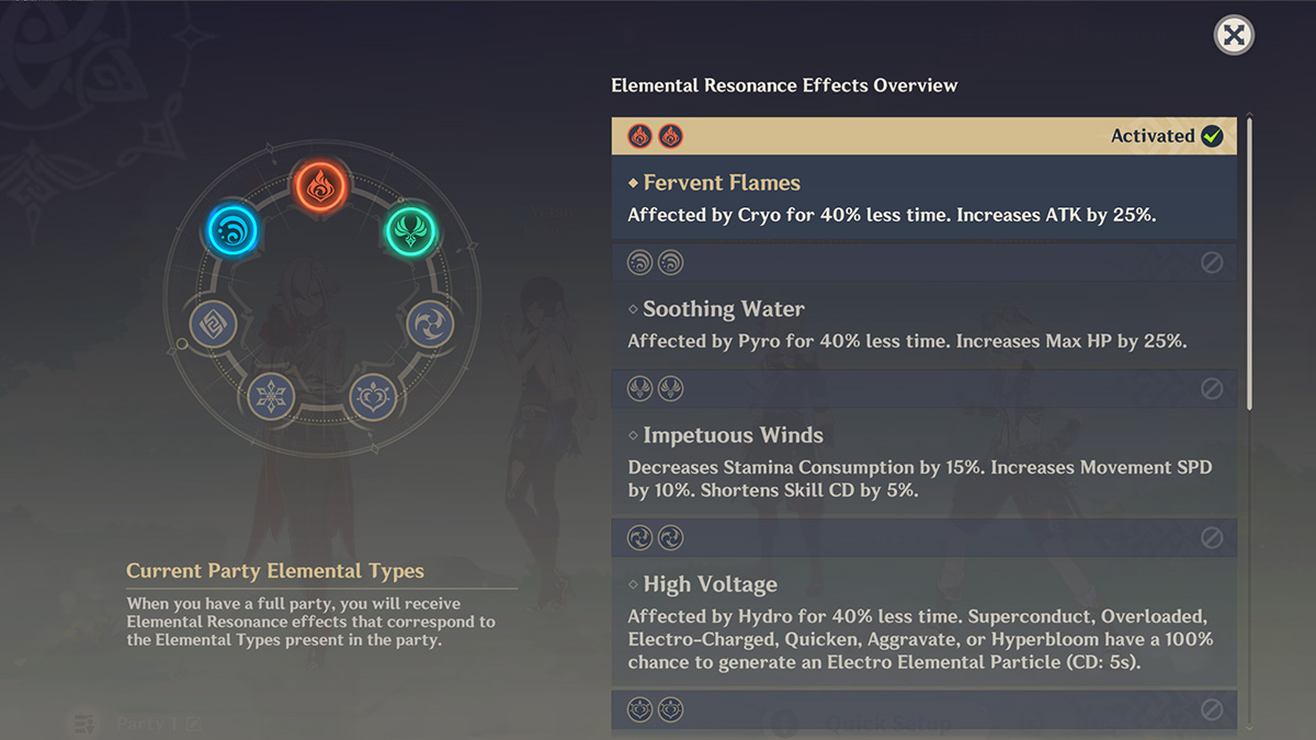 The Elemental Resonance Screen in Genshin Impact