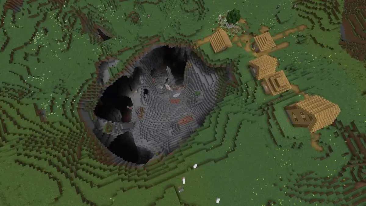 Giant pit and village in Minecraft