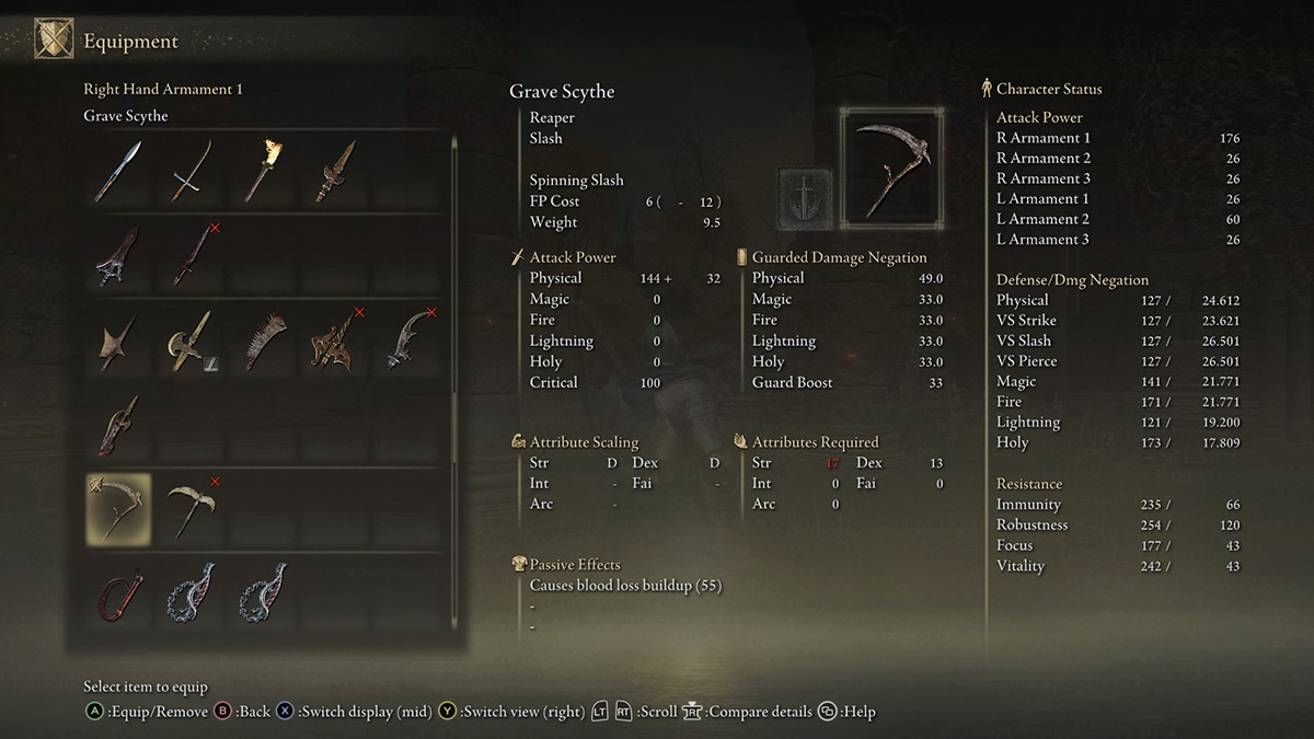 The stats on the Grave Scythe in Elden Ring