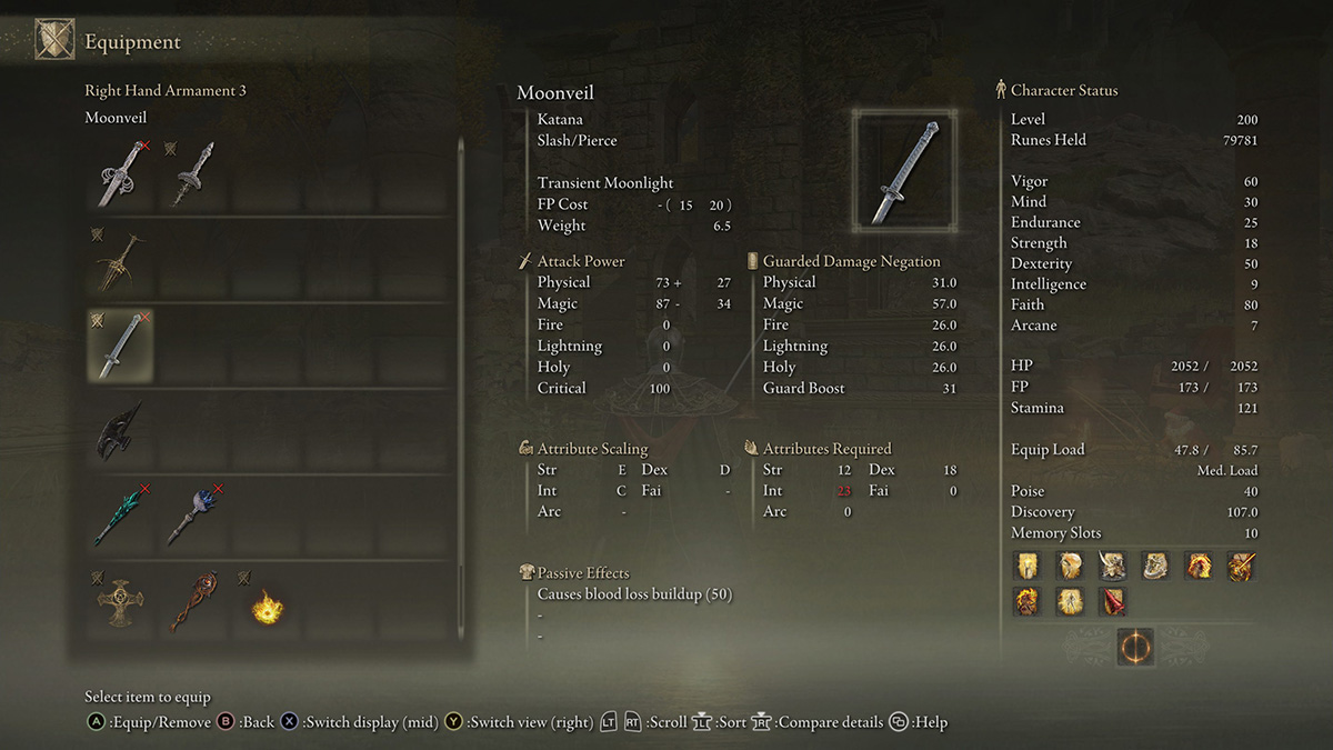 The Moonveil katana stats screen in Elden RIng