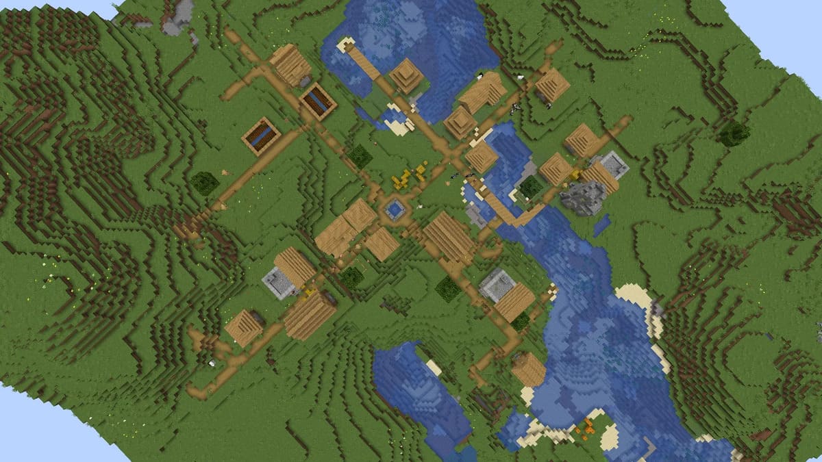 Three blacksmiths and village in Minecraft