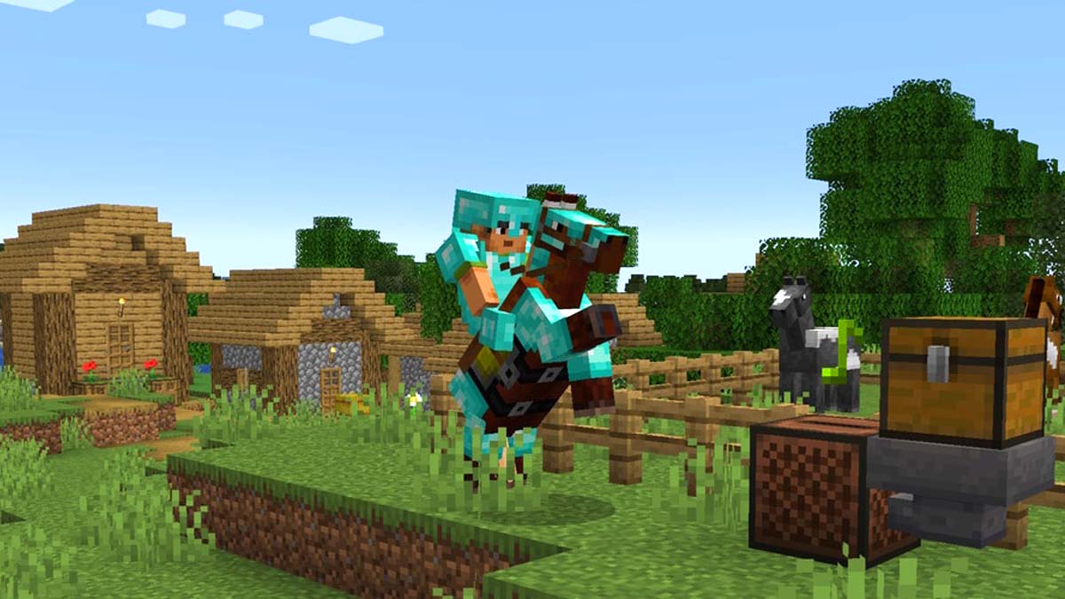 Steve in diamond armor riding a horse in Minecraft