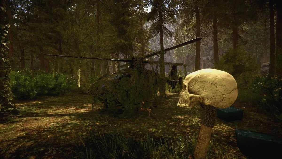 A white skull on a stick near helicopter wreckage in Sons of the Forest.