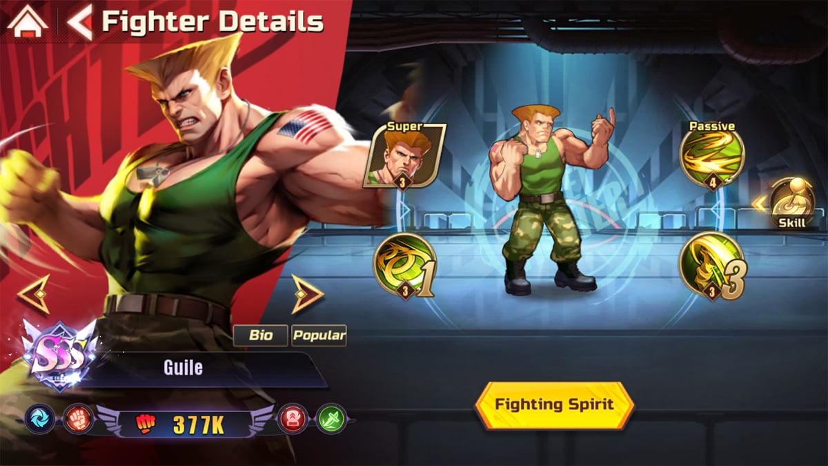 Guile fighter screen in Street Fighter Duel