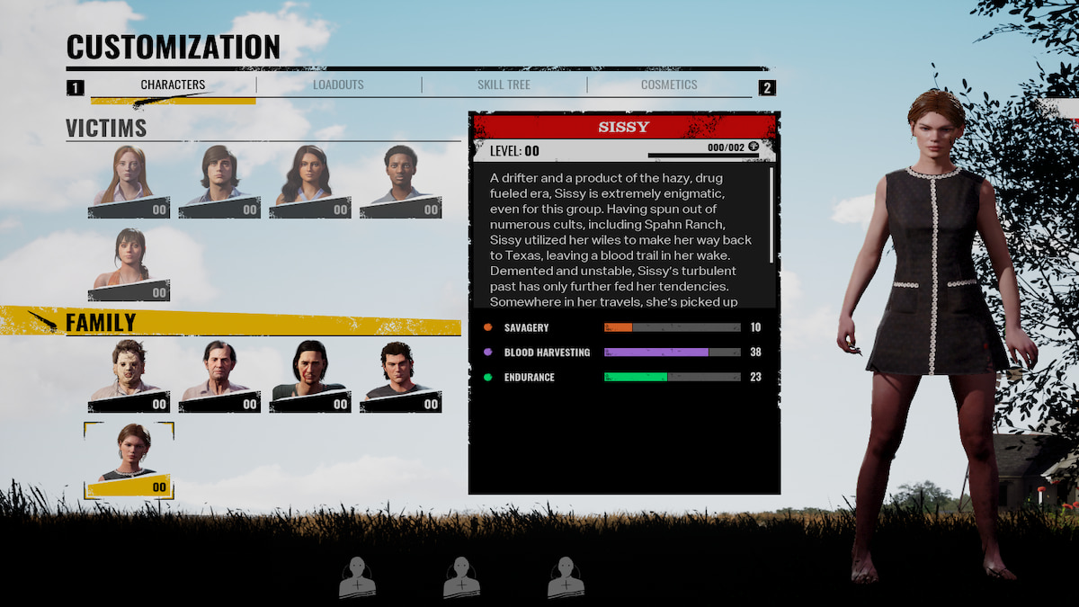 Sissy in The Texas Chain Saw Massacre Customization screen.