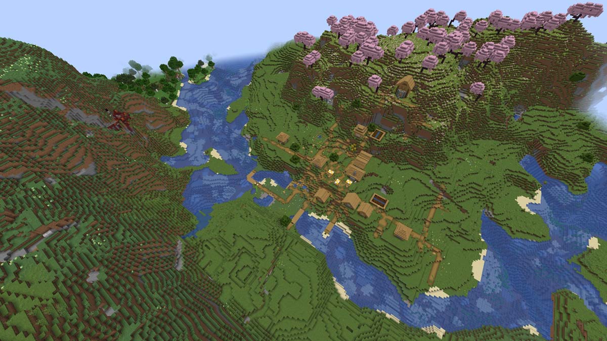 Cherry grove and village in Minecraft