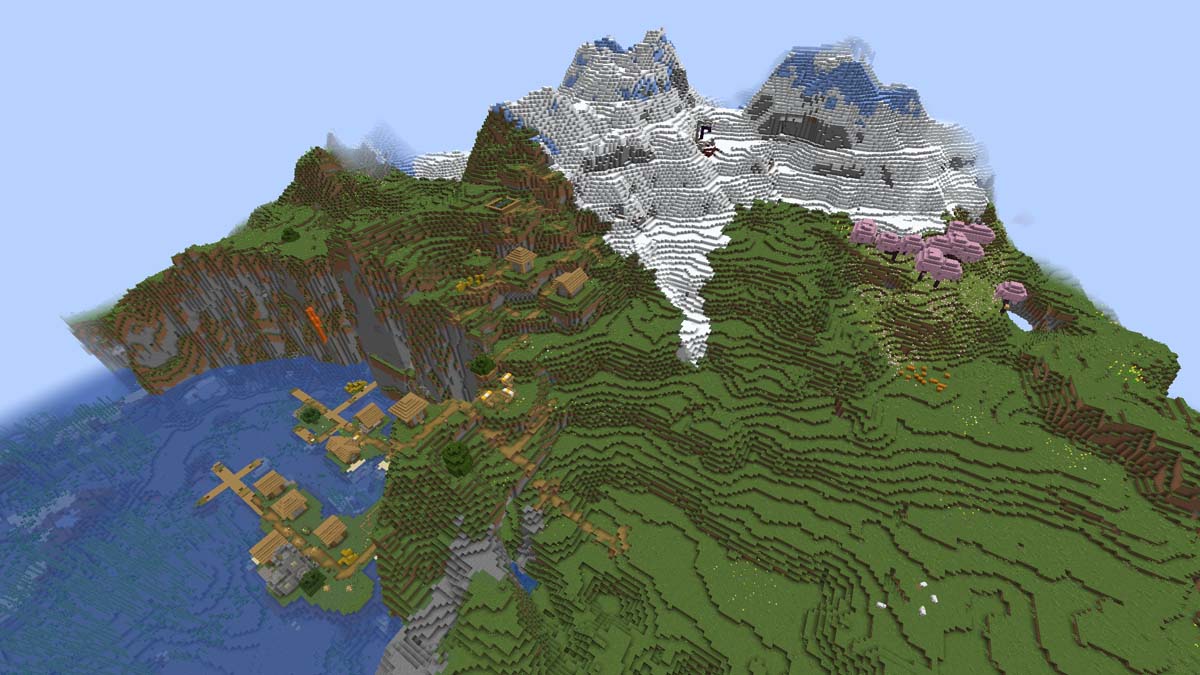 Snowy slopes and village in Minecraft