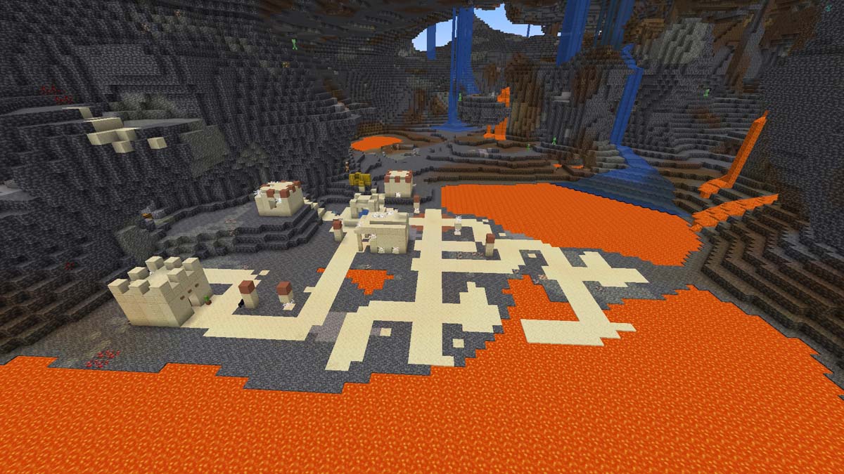 Lava pool and village in Minecraft