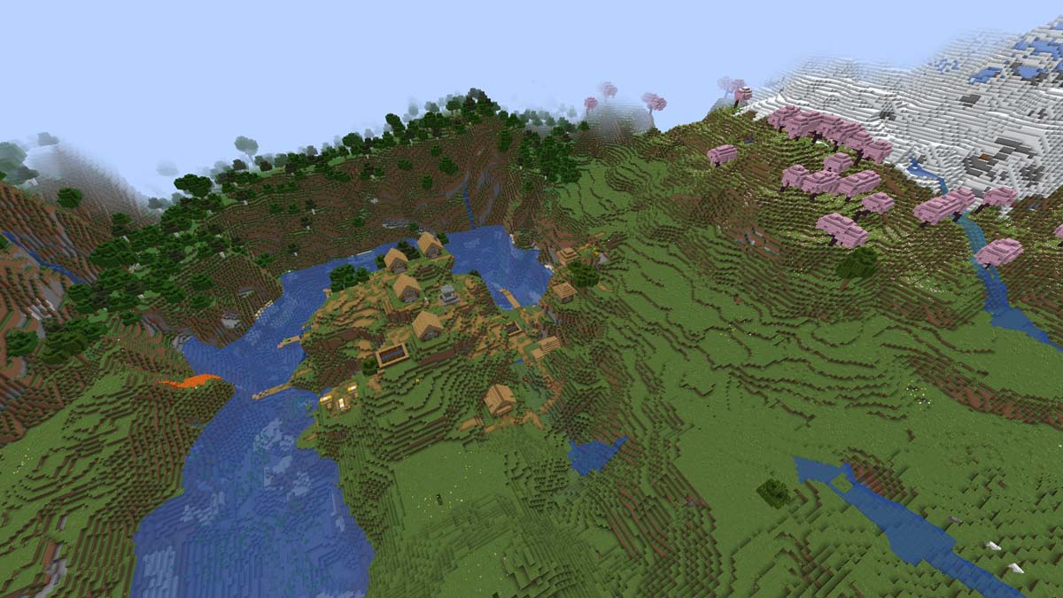 Cherry grove and village in Minecraft