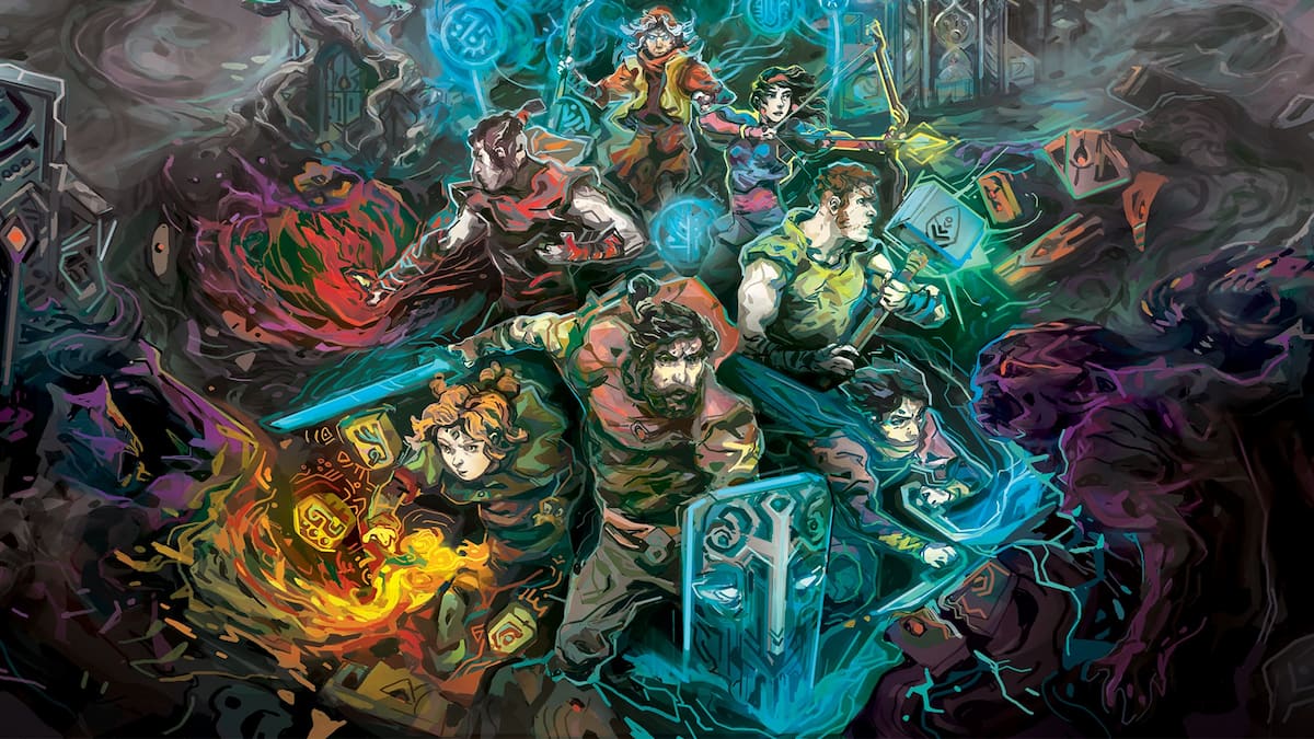 Seven fantasy characters holding swords and shields and wielding magic.