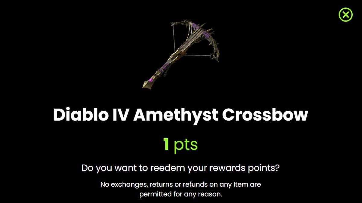 Amethyst Crossbow redemption screen