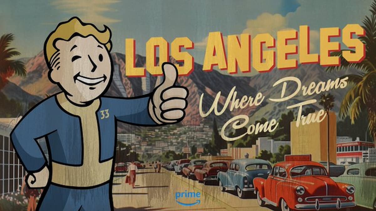 Vault boy posing on a Los Angeles postcard