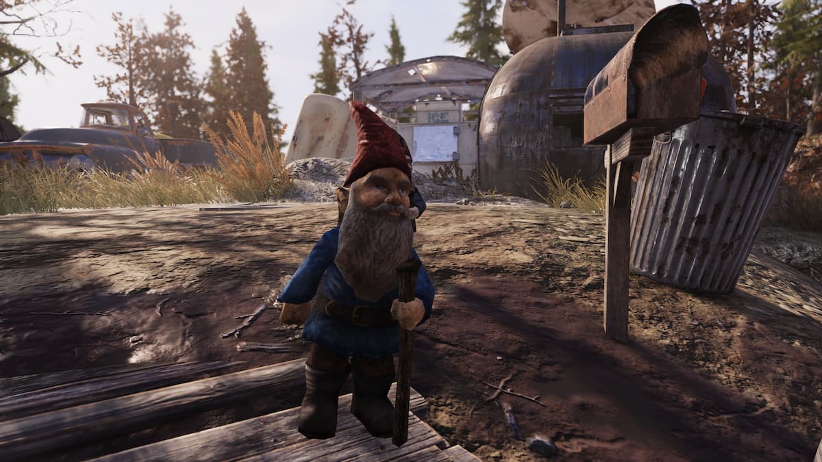 Red garden gnome near mailbox