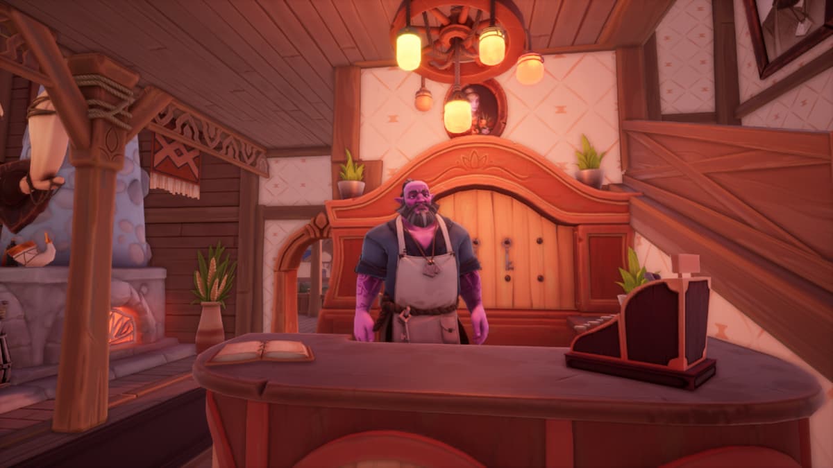 Ashura at the Ormuu's Horn tavern with a lamp above his head.