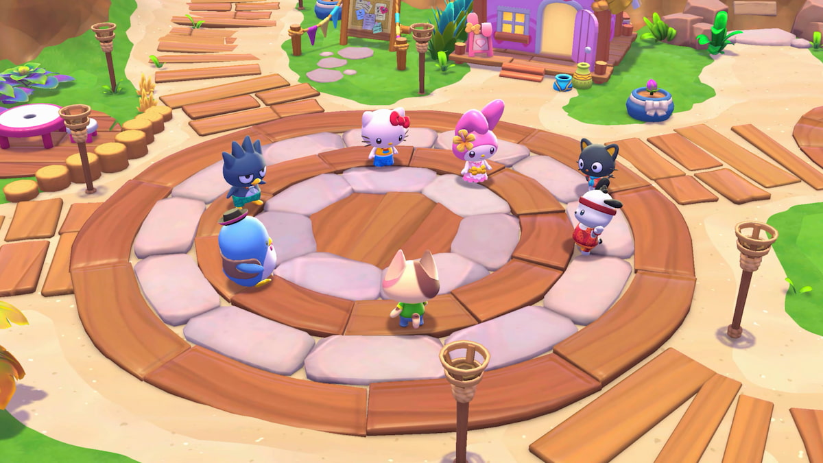 Promo image for Hello Kitty Island Adventure, showing a player character among multiple Sanrio characters.