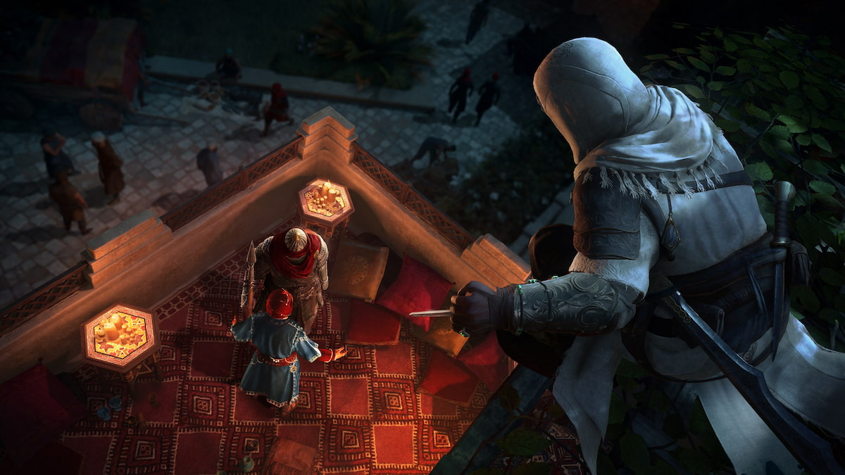 Promo image for Assassin's Creed Mirage, showing the protagonist stalking targets from above.