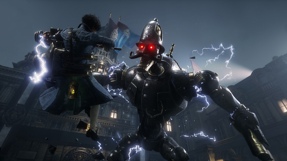 Promo image for Lies of P, showing the protagonist being grabbed by the large mechanical Scrapped Watchman boss.