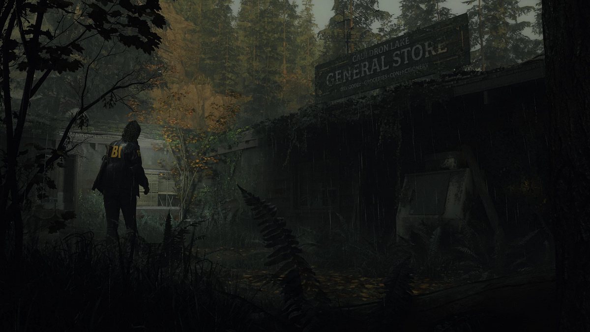 Promo image for Alan Wake 2, showing Saga walk towards an abandoned general store.