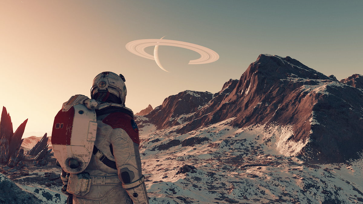 Promo image for Starfield, showing the protagonist overlooking a planet.