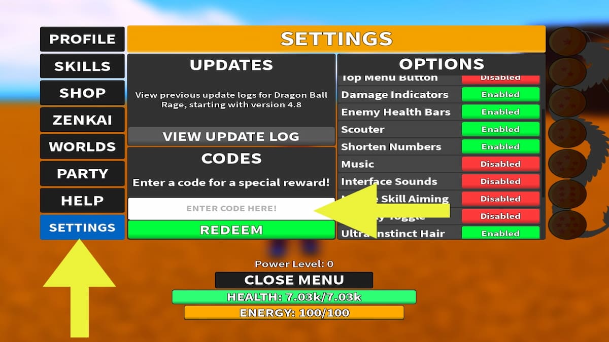 How to redeem codes in Dragon Ball Rage