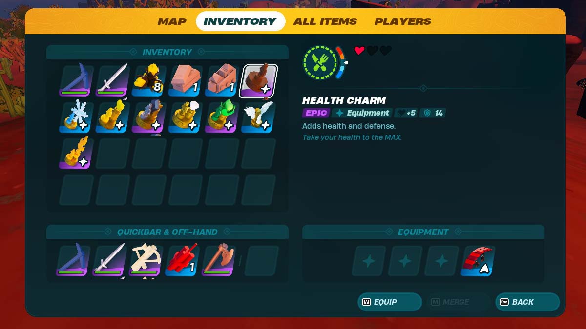 Health charm descritpion in Lego Fortnite