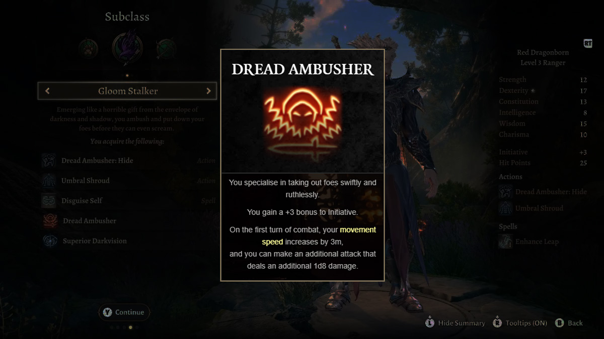 dread ambusher ability tooltip from the gloom stalker ranger subclass in baldur's gate 3