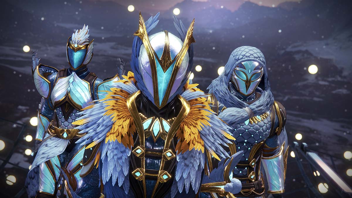 Three Guardians in Dawning armor walking toward the camera