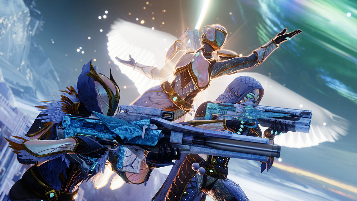 Three Guardians in Dawning armor taking on offscreen enemies