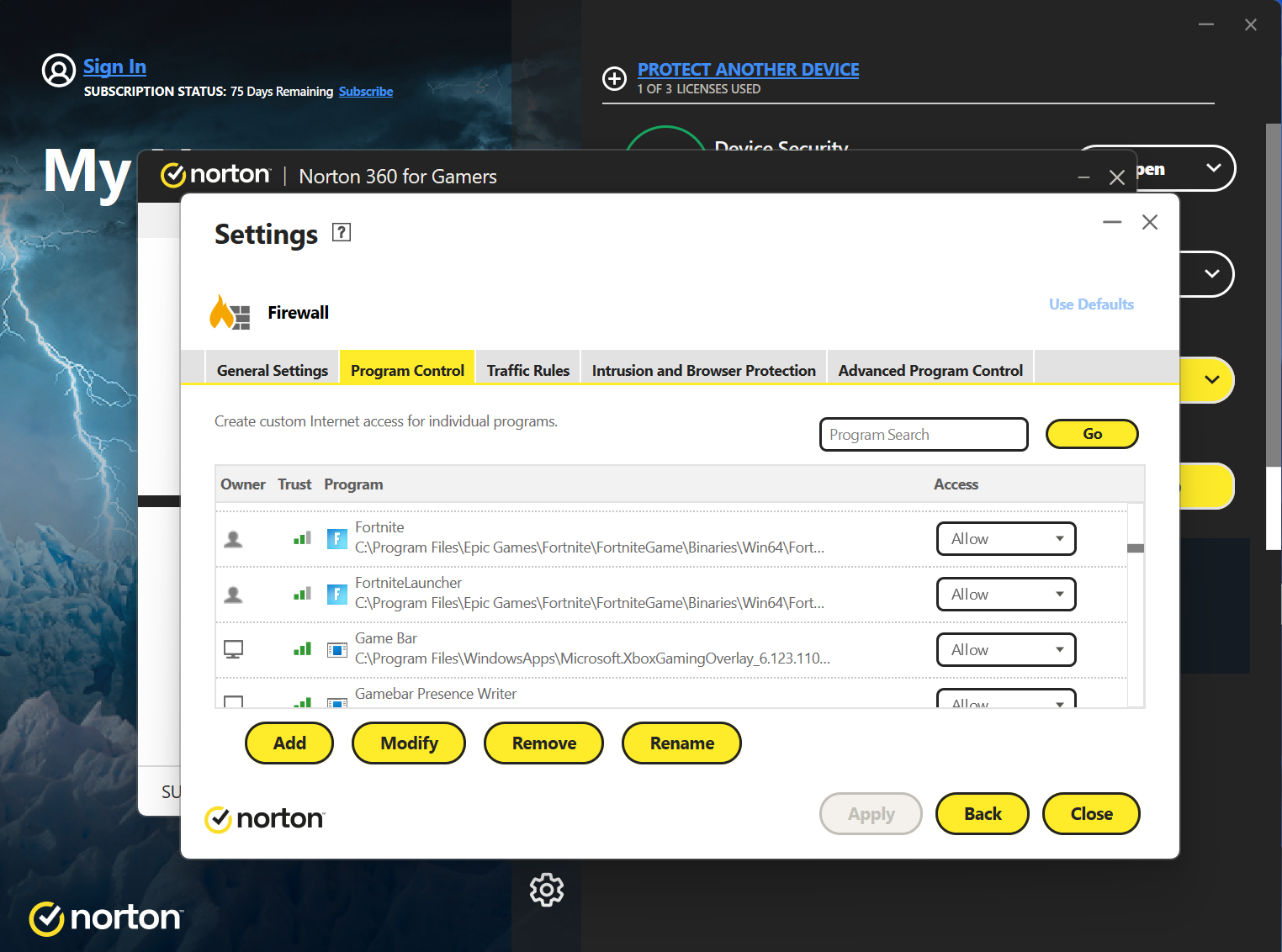 Norton 360 anti-virus firewall settings for Fortnite.