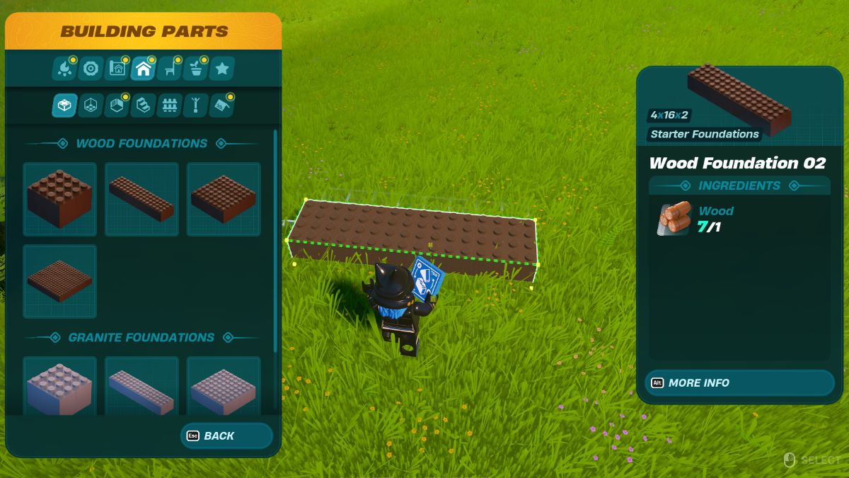 Lego building parts menu in LEGO Fortnite.