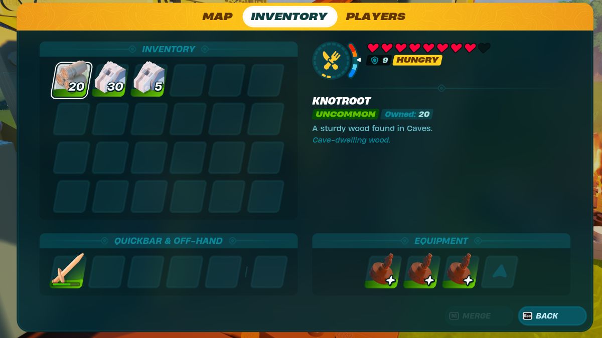 Screenshot of inventory in LEGO Fortnite.