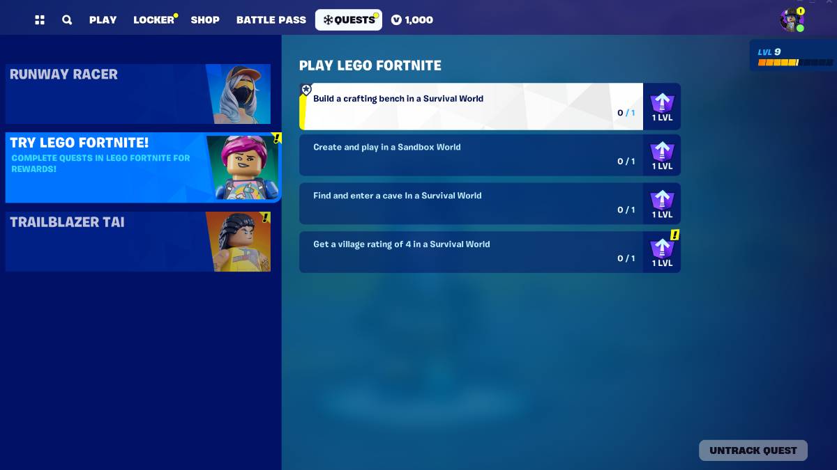 Menu of Fortnite lego quests.