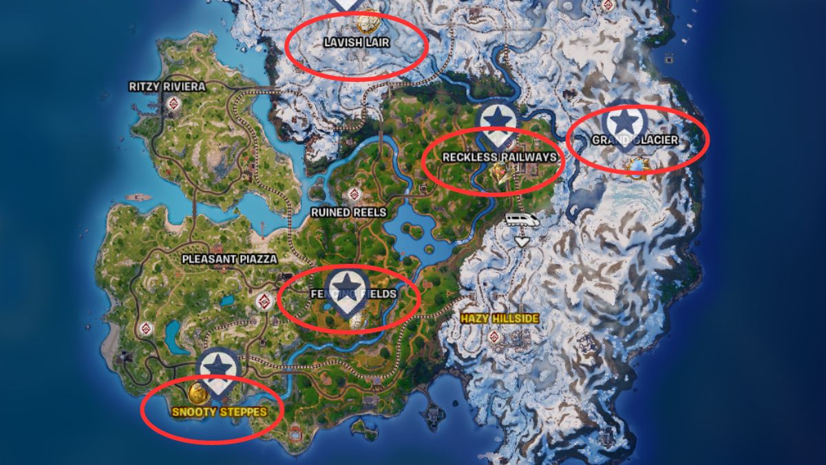 Chapter 5 Season 1 map of Fortnite's big boss NPCs circled with red circles.