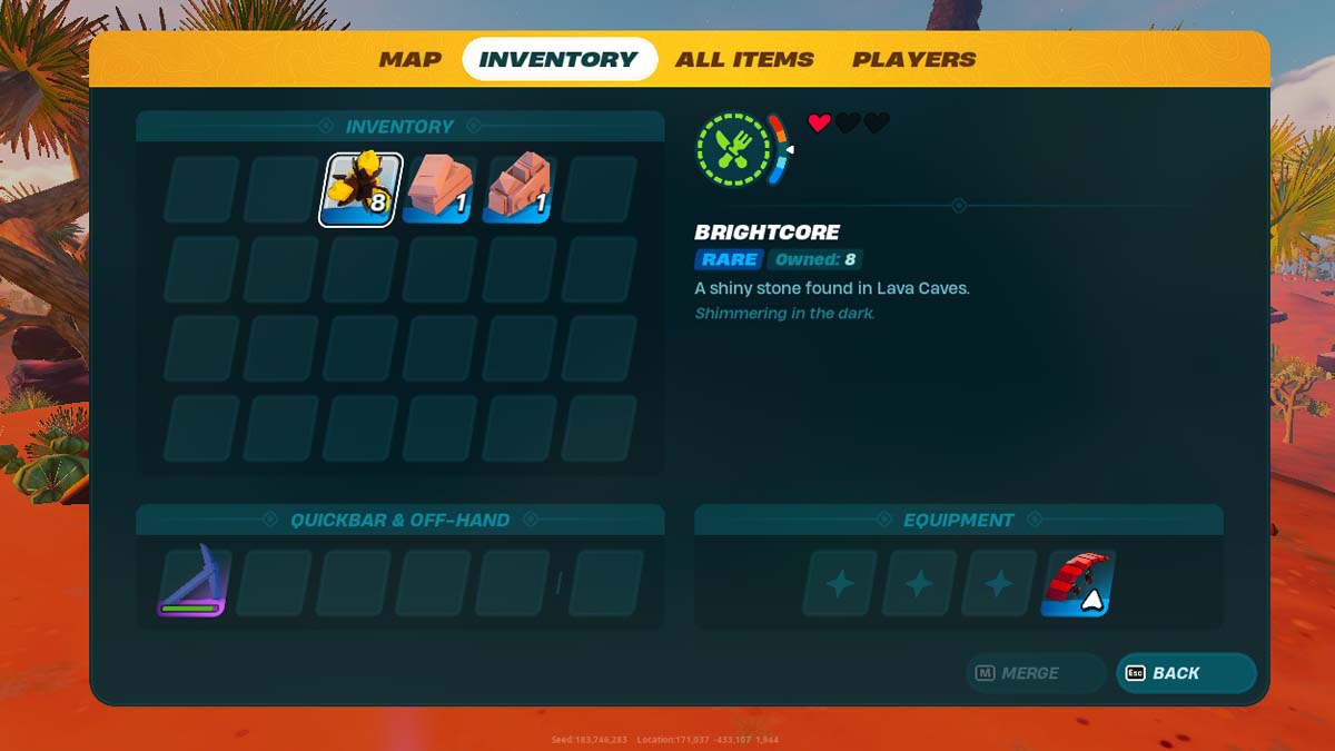 Brightcore inventory in Lego Fortnite