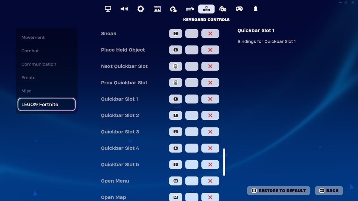 LEGO Fortnite keybinds menu.