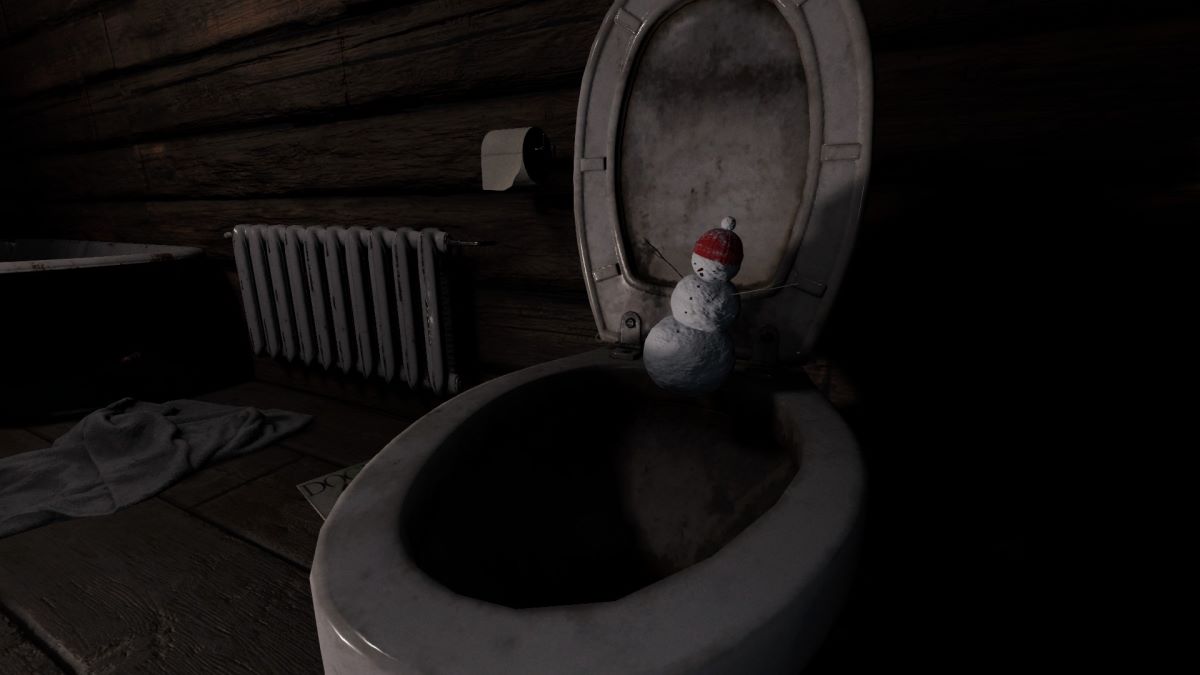 A snowman panicking over a toilet in Phasmophobia.