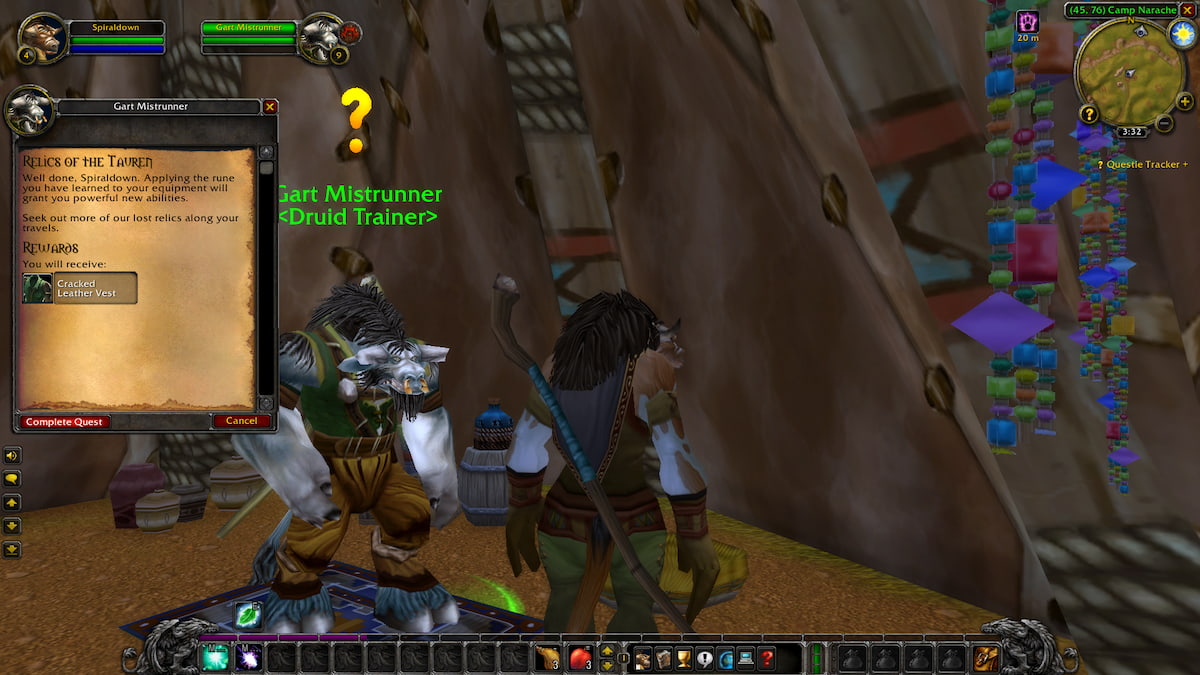 Tauren Druid turning in quest to trainer