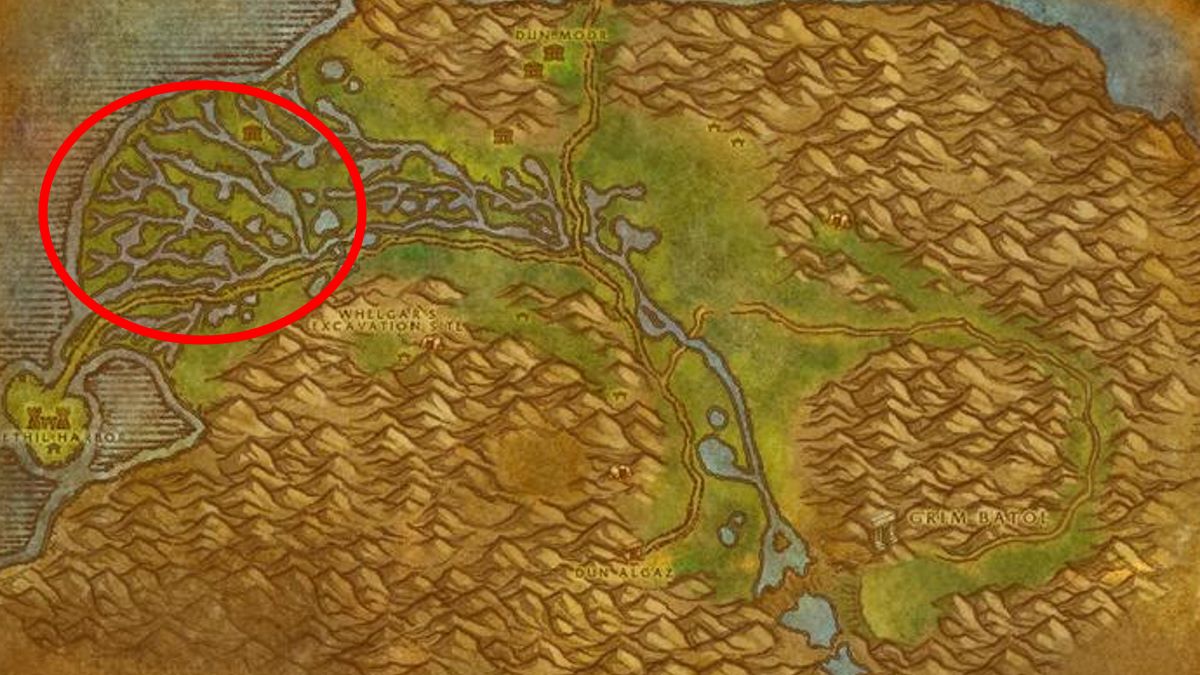 A map of the Wetlands with the Murloc settlement circled.