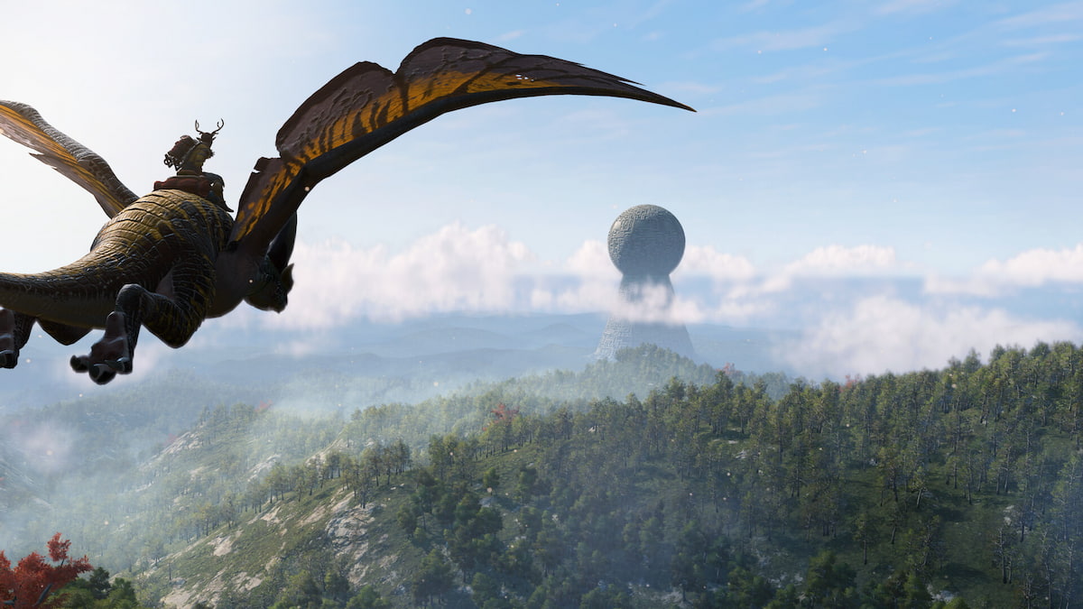 player flying on a winged creature towards a tower in light no fire