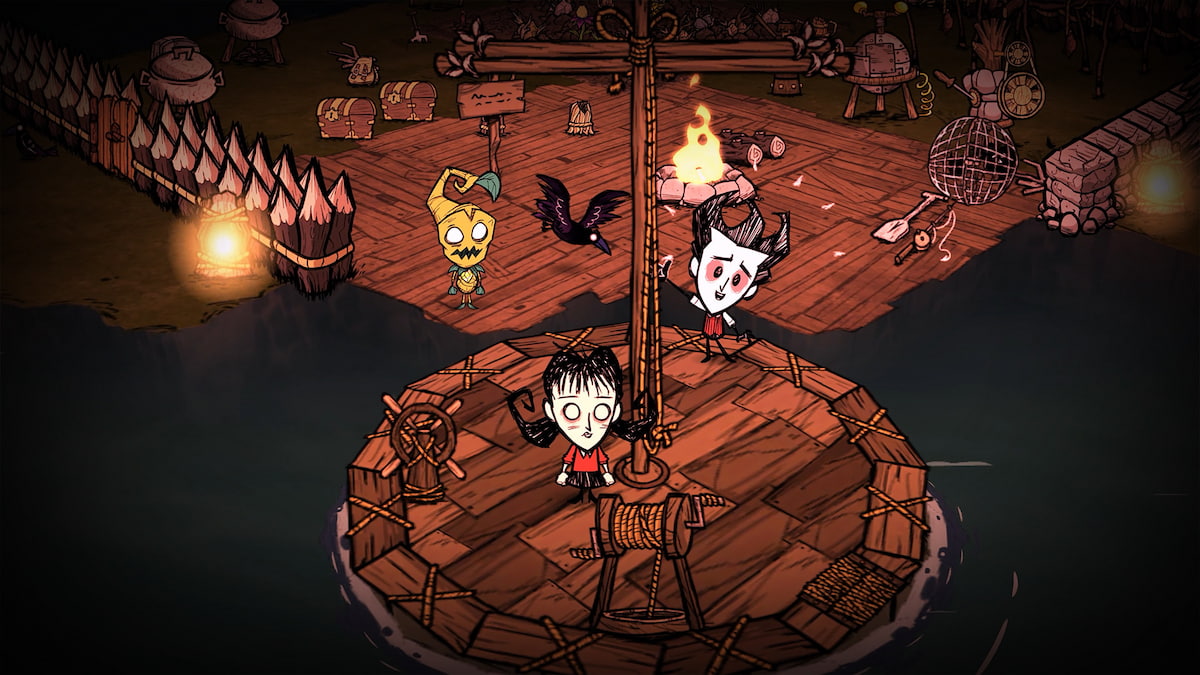 two don't starve together players on wooden platforms