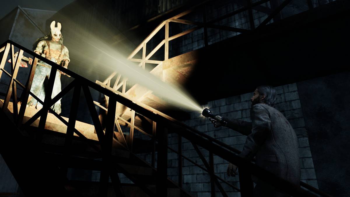 Alan wake shining his flashlight at a killer in DBD