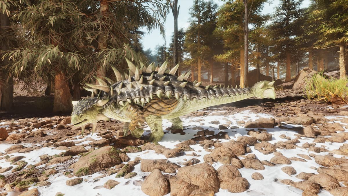 Ankylosaurus on snow dusted ground.