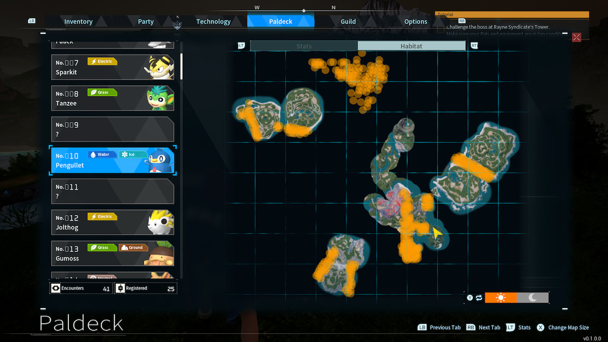 The Pengullet habitat map in Palworld.