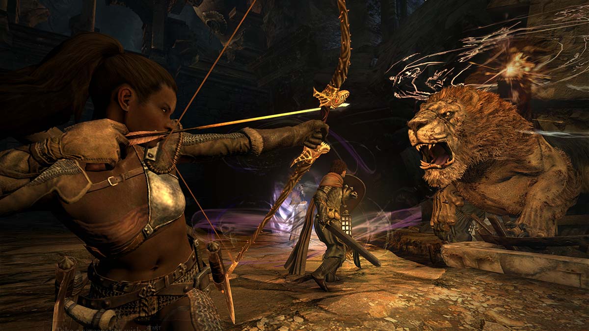 Two adventurers fighting a lion monster in a dungeon