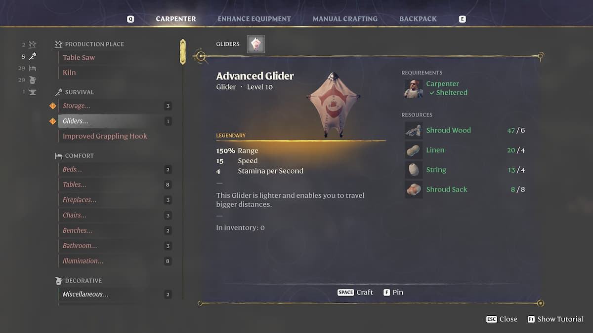 Advanced Glider Carpenter recipe requirements.