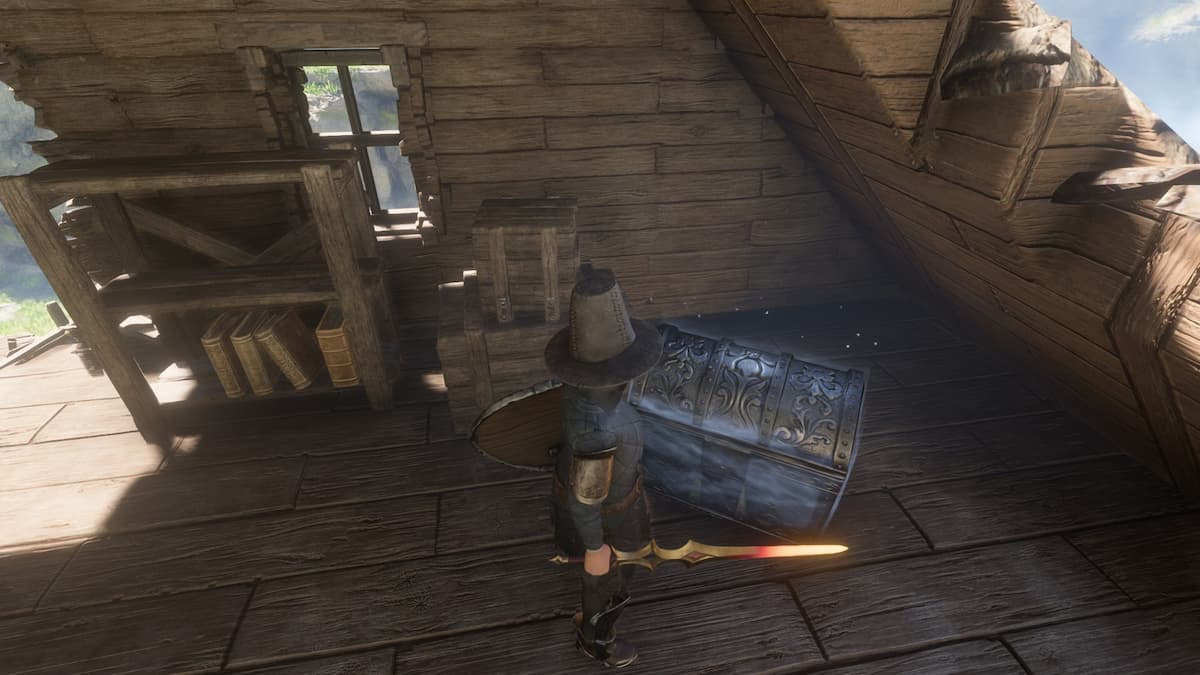 Character opening silver chest in ruined house.