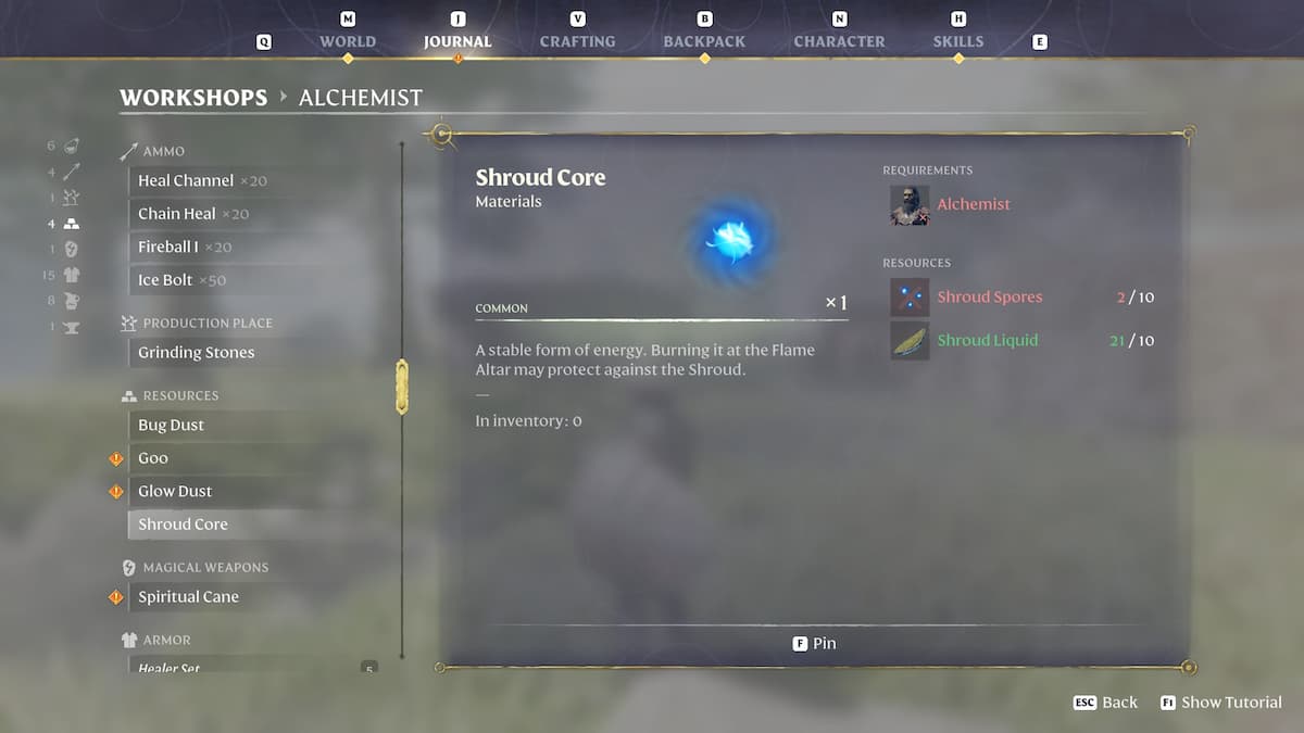 Alchemist Shroud Core recipe